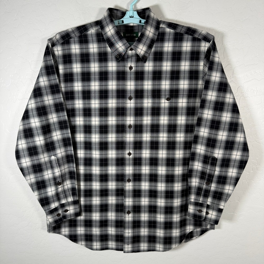 Orvis Shirt Mens XL Black White Plaid Signature Twill Oxford Long Sleeve